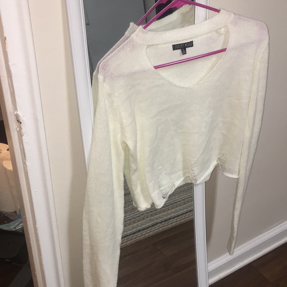 White Distressed cropped sweater w/choker neckline